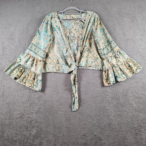 Bigg Bull Tops - Bigg Bull Silk Blend Wrap Top Teal Gold Paisley Ruffle Bell Sleeve Boho Crop